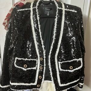 Aqua tweed sequin black and white jacket.